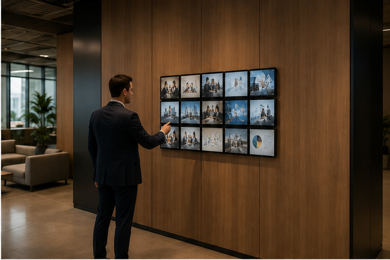 Concept render — rows of small tablet-sized displays arranged on an office wall, a visitor touching one for physical scale