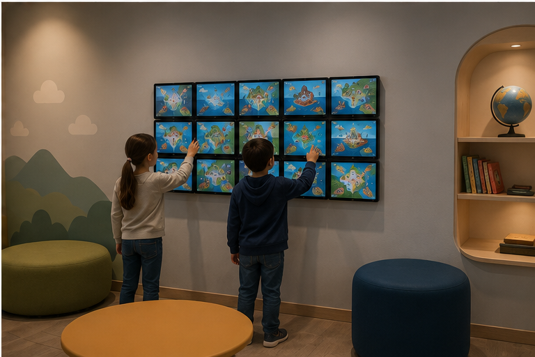 Concept render — small tablet-sized displays mounted beside a physical object, children interacting at their own height for physical scale