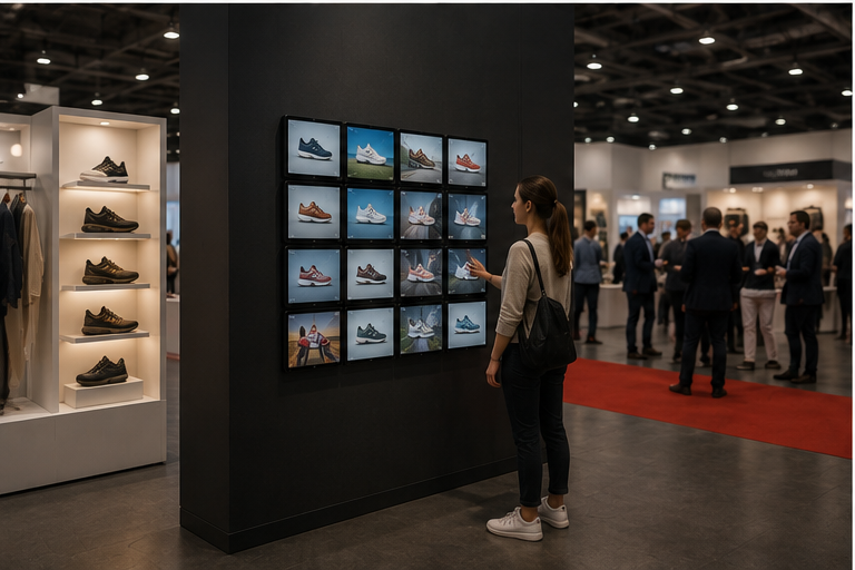 Concept render — small tablet-sized displays integrated into an exhibition stand, a visitor touching one for physical scale